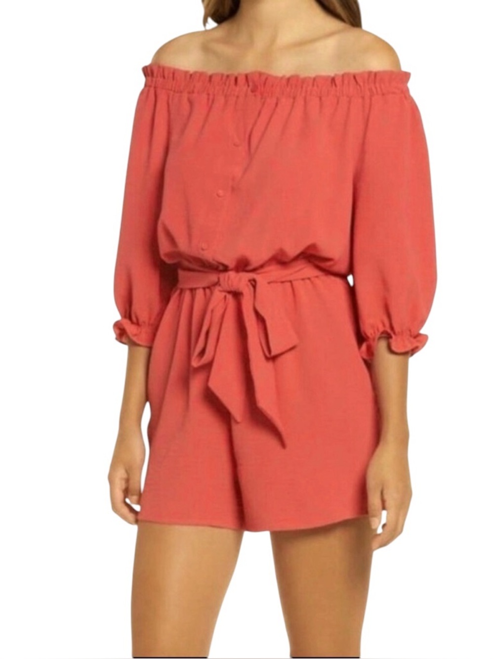 Gibson Romper, off the shoulder blossom waist, coral pink , mock button front